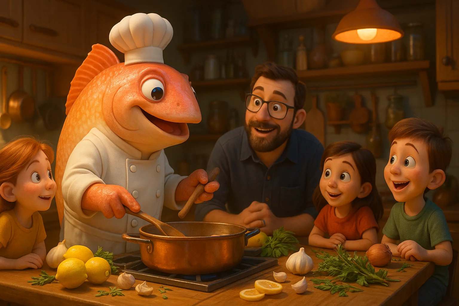 Family gathered around dinner table with perfectly cooked salmon, representing successful AI collaboration by Ted Tschopp